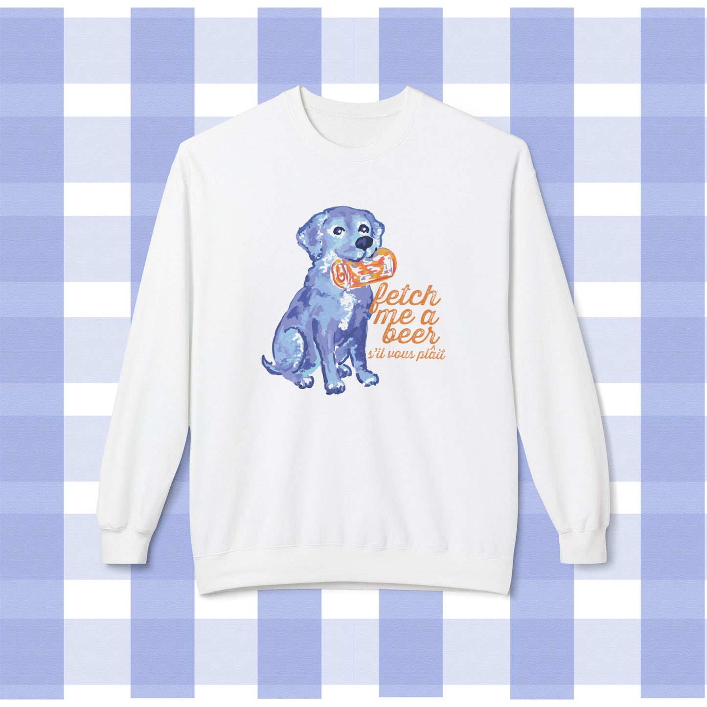 Crewneck Sweatshirt — Blue Watercolor Retriever with 'Fetch Me a Beer' "S'il Vous Plait" Text