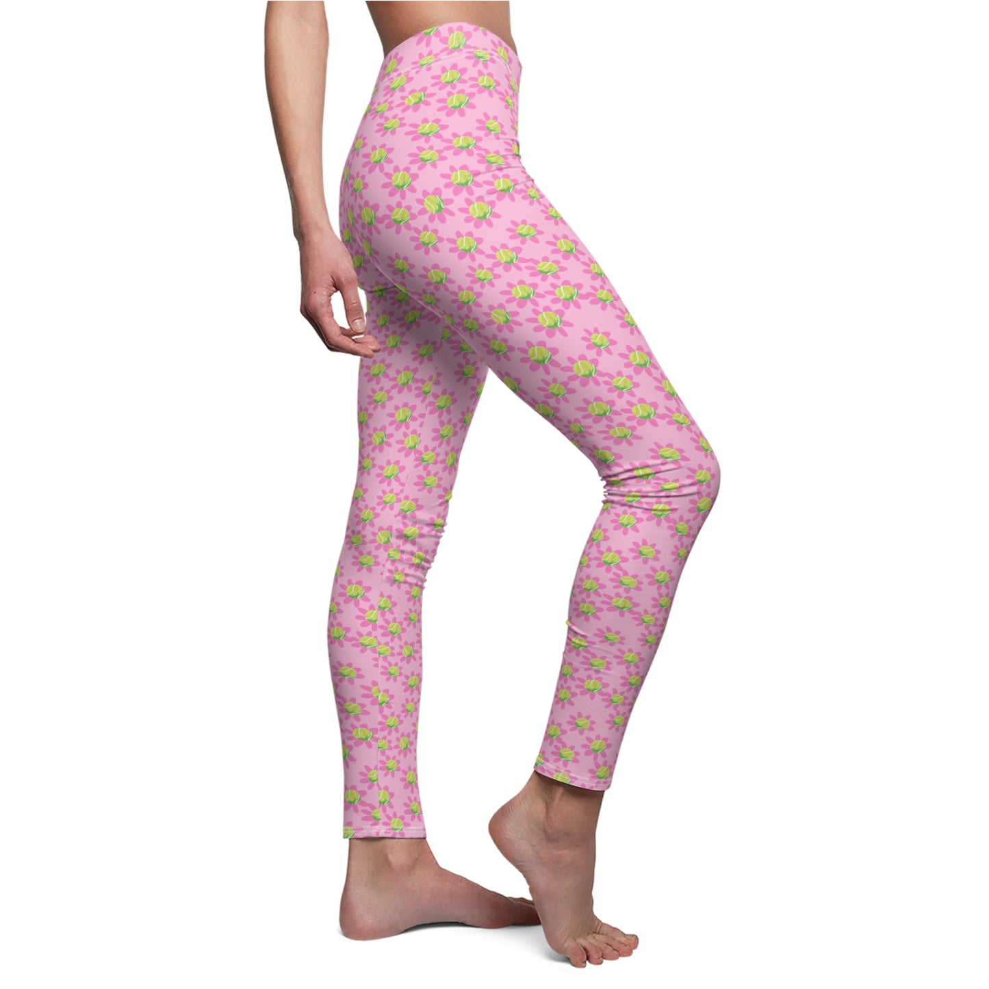 Pink Daisy Tennis Ball Floral Leggings — Women's Casual Spring Flower Print Leggings