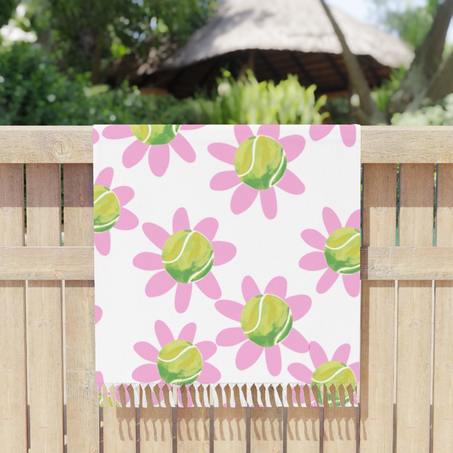 Boho Tennis Floral Beach Towel - Pink & Green Daisy Pattern, Lightweight Beach Cloth