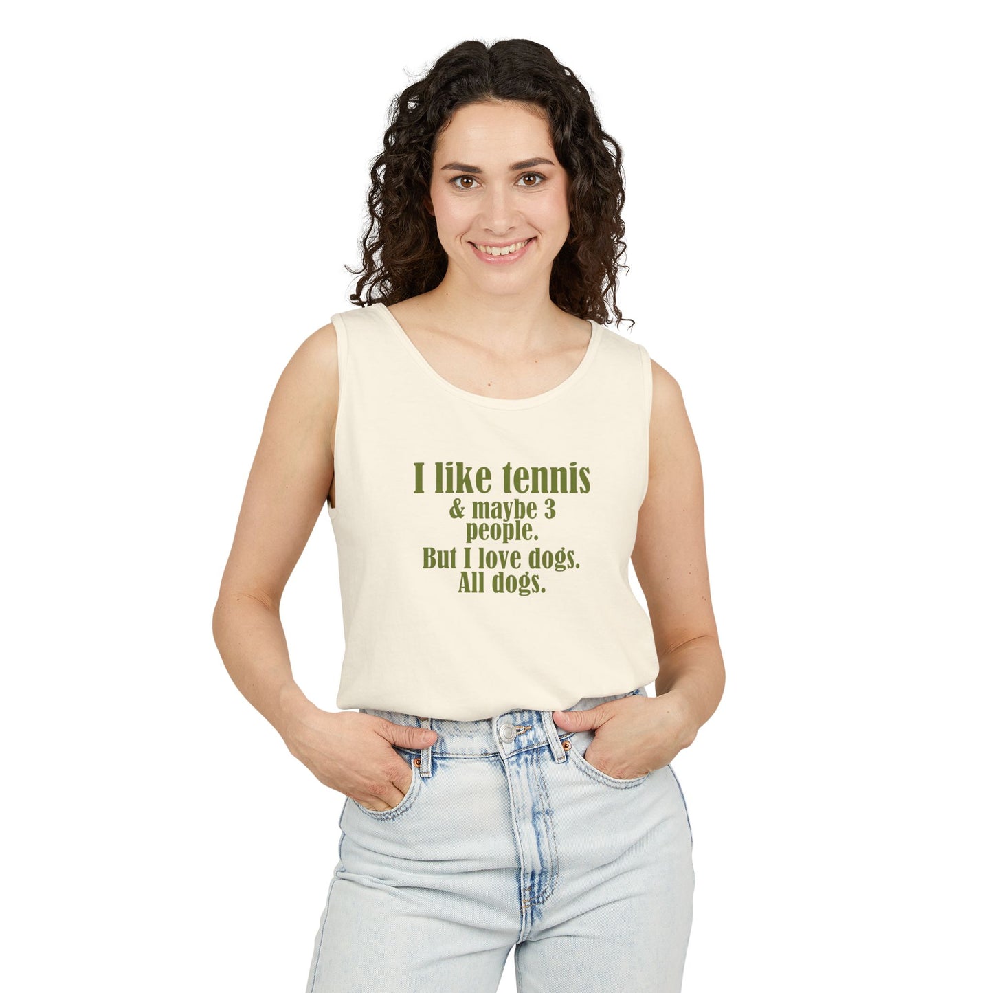 "I like tennis & maybe 3 people. But I love dogs. All Dogs" Dog-Loving Tennis Unisex Tank Top, Casual Summer Wear, Gift for Dog Owners, Funny Summer Tank, Pet Lover Apparel