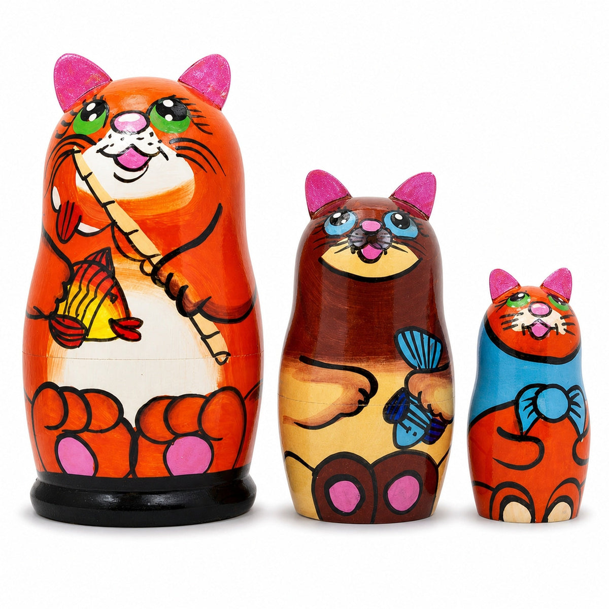 Set of 3 Cats With Fish and Rod Wooden Nesting Dolls 5.5 Inches