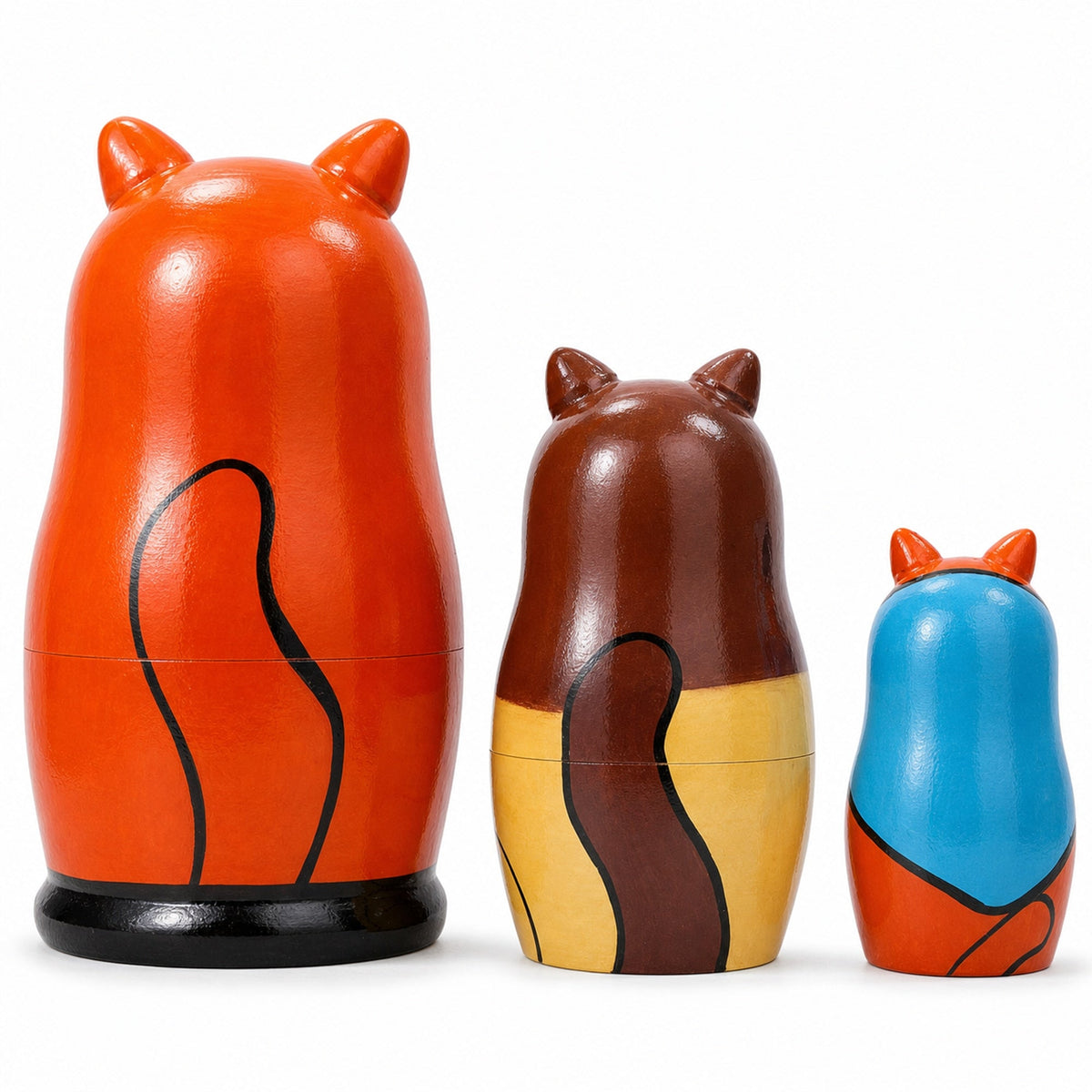Set of 3 Cats With Fish and Rod Wooden Nesting Dolls 5.5 Inches