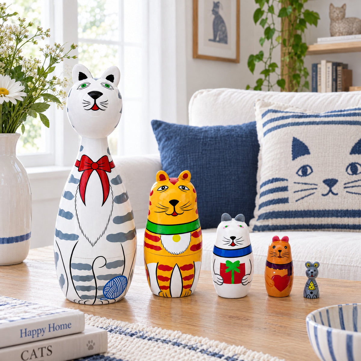 Four Cats and Mouse Wooden Nesting Dolls 7 Inches