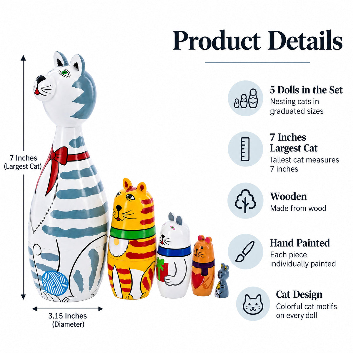 Four Cats and Mouse Wooden Nesting Dolls 7 Inches